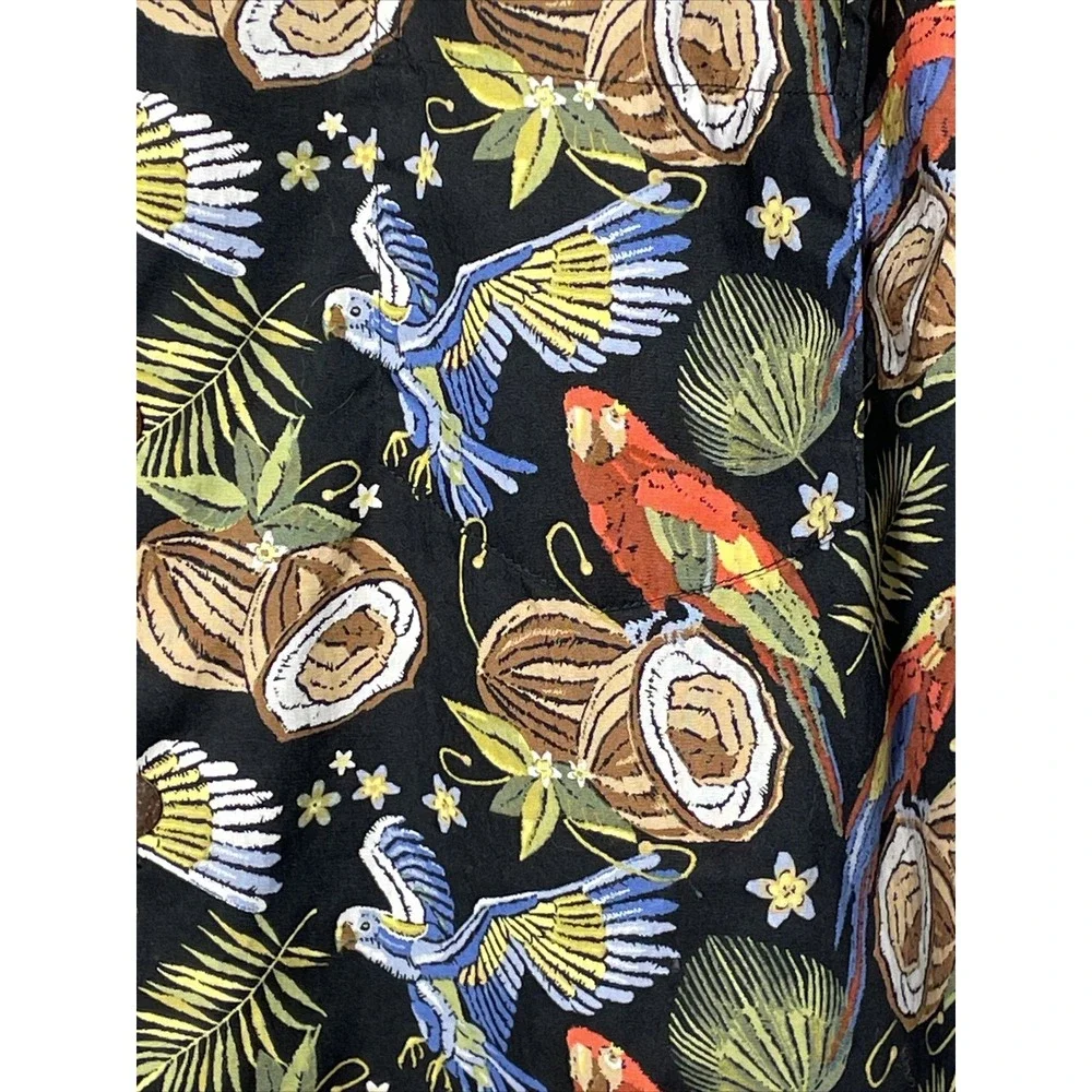 High Surf Island Men's Hawaiian Shirt L Black‎ W/Parrots & Coconuts Floral